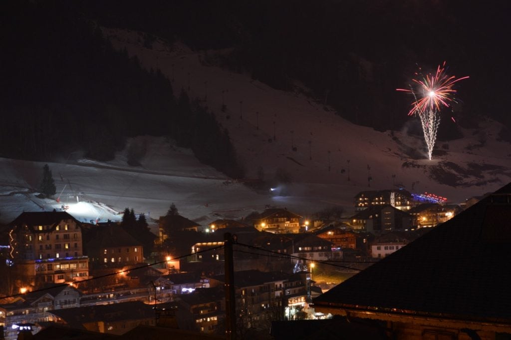 Watching the weekly fireworks display from Morzine town center chalet Ibex
