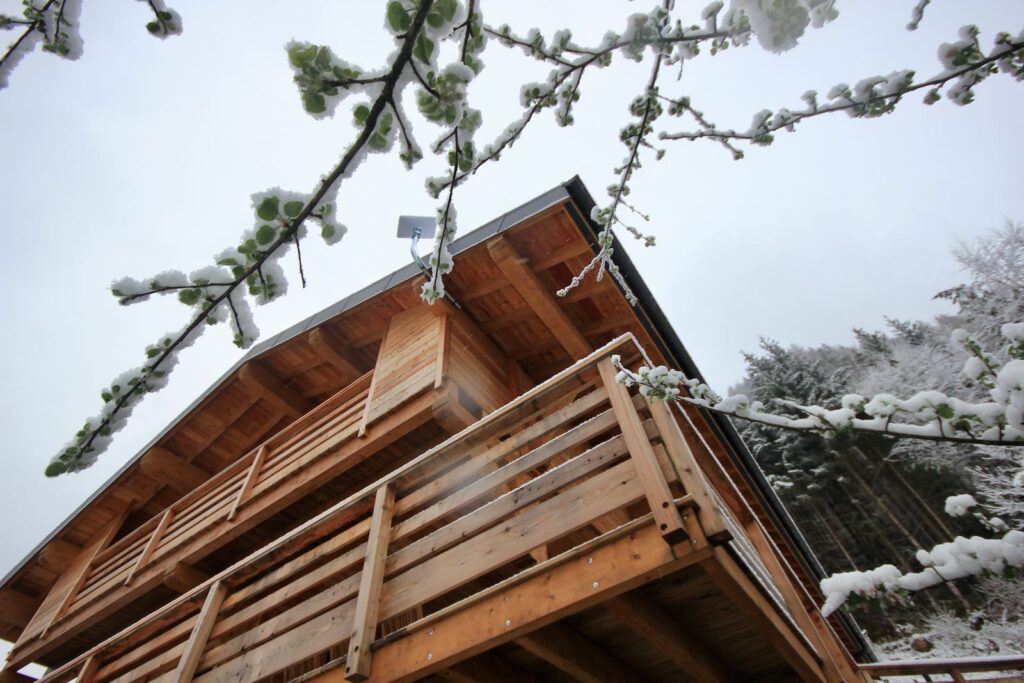 Chalet Meuniers – Exterior Exterior of Chalet Meuniers in Morzine with snow-covered branches
