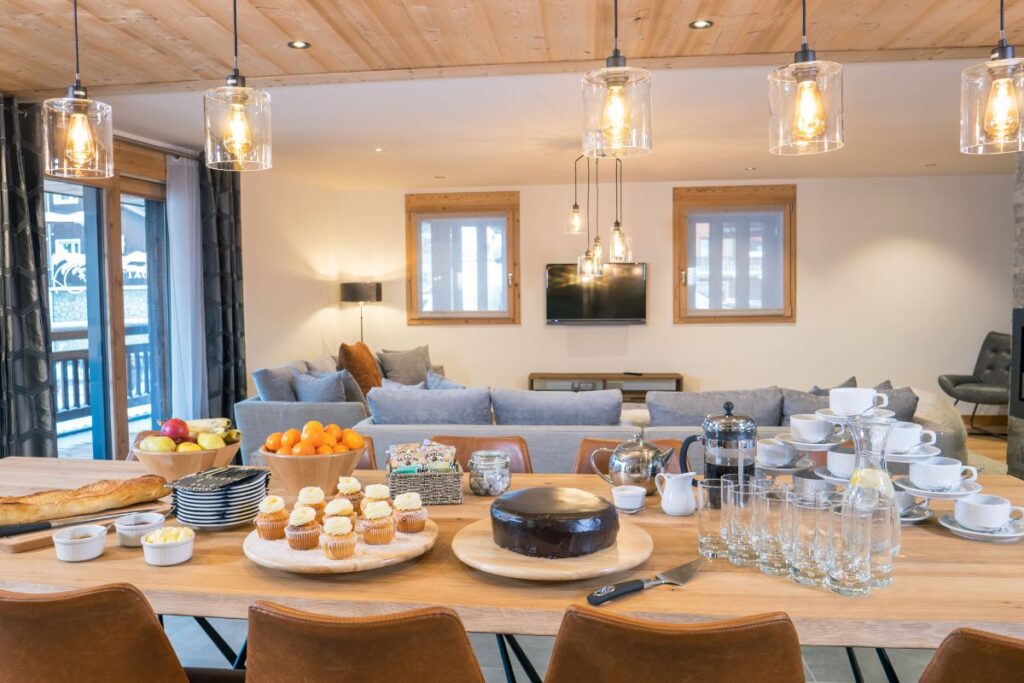 Dining area in Colibri Uno - our central Morzine catered chalet apartment Afternoon tea at our central Morzine catered chalet apartment.