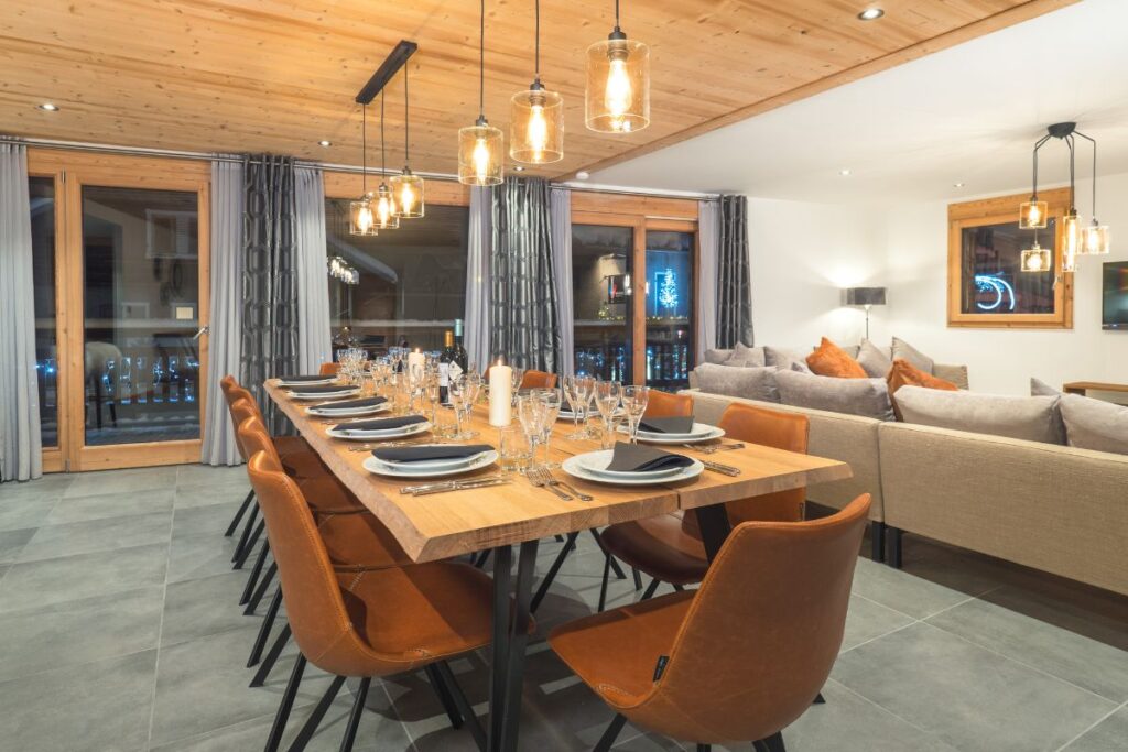 Open plan dining area at central Morzine ski chalet Colibri Uno Dining Area