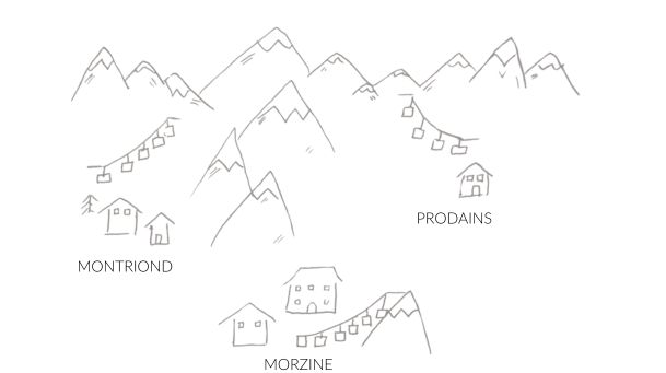 Map illustration of Morzine resort with Montriond and Prodains locations.