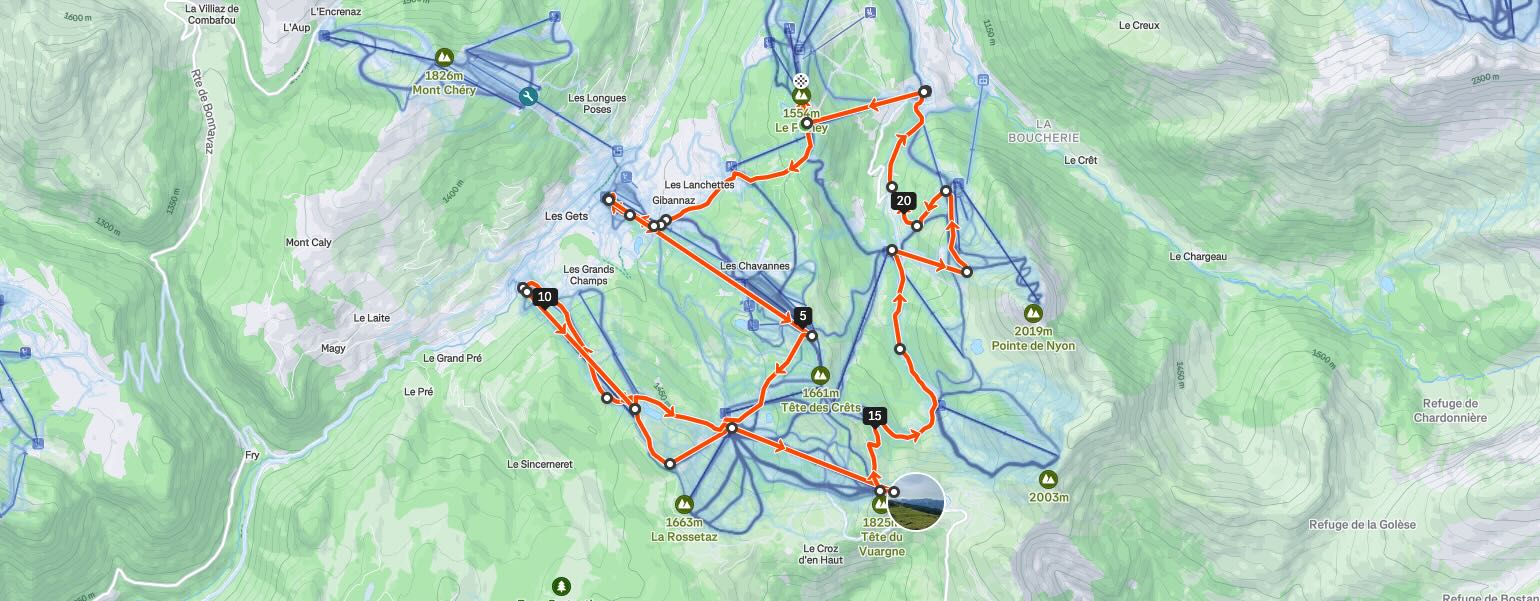 Ski route, tour of Morzine - Les Gets map